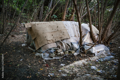 Homeless doweling. Small habitation, tent made from garbage