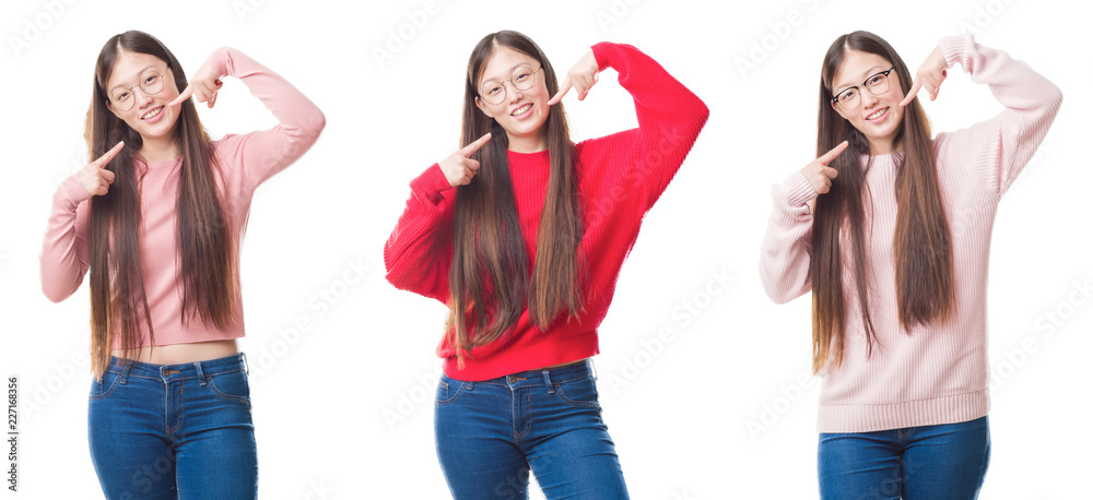 Collage of young beautiful Chinese woman over isolated background smiling confident showing and pointing with fingers teeth and mouth. Health concept.