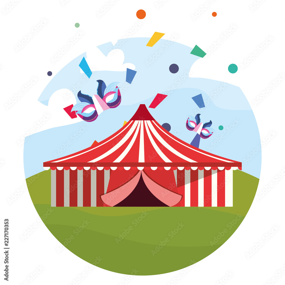 circus tent masks confetti in the field carnival