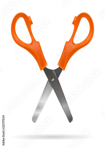 Open office scissors with plastic orange handles isolated on a white background. Realistic vector illustration