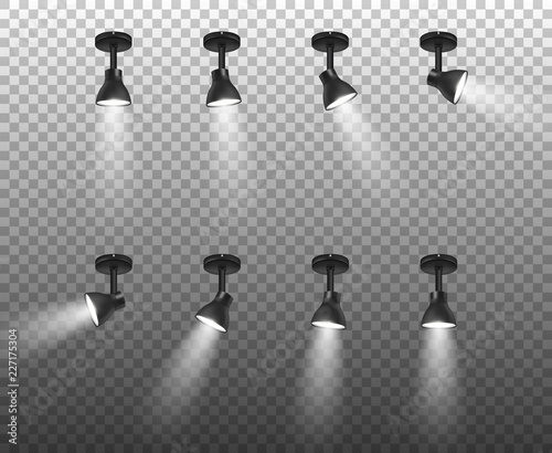 Vector Realistic 3d Black Spotlights Set in Different Slopes Closeup Isolated on Transparent Background. Design Template of Bright Lighting Glowing Spots with Ligh Effect for Ceremony, show, stage etc