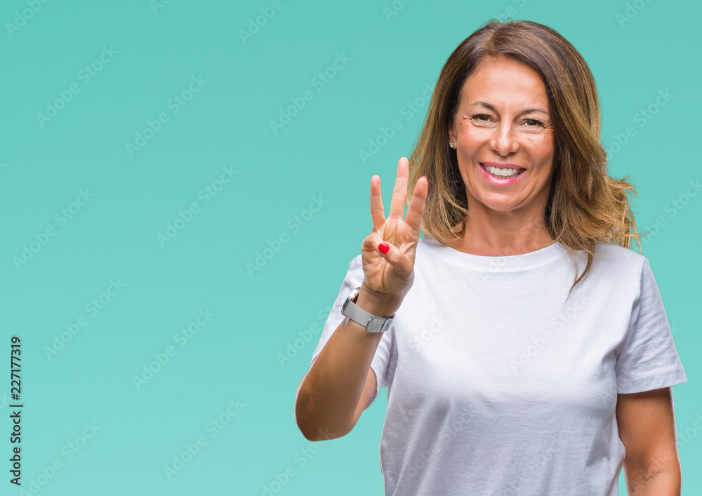 Middle age senior hispanic woman over isolated background showing and pointing up with fingers number three while smiling confident and happy. Middle age senior hispanic woman over isolated background showing and pointing up with fingers number three while smiling confident and happy.