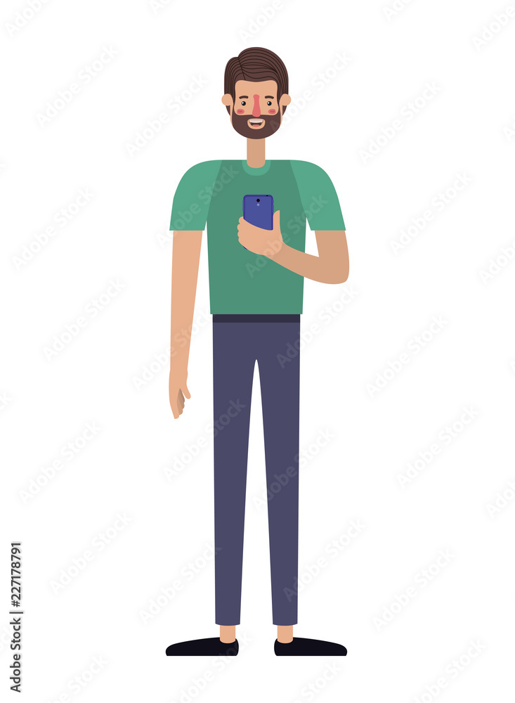 young man with beard and smartphone young man with beard and smartphone