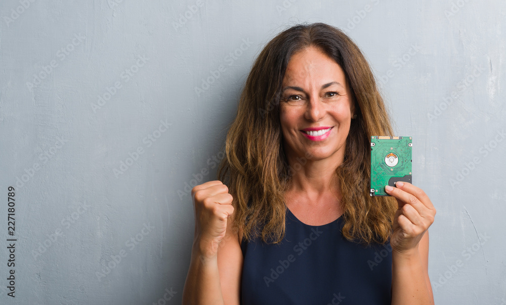 Middle age hispanic woman standing over grey grunge wall holding hard drive screaming proud and celebrating victory and success very excited, cheering emotion Middle age hispanic woman standing over grey grunge wall holding hard drive screaming proud and celebrating victory and success very excited, cheering emotion