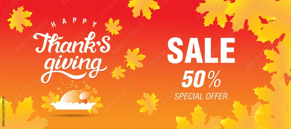 Happy Thanksgiving Sale lettering typography poster. Festive design for postcard, icon, card, logo, badge. Vector calligraphy text with maple leaves and dish with Turkey