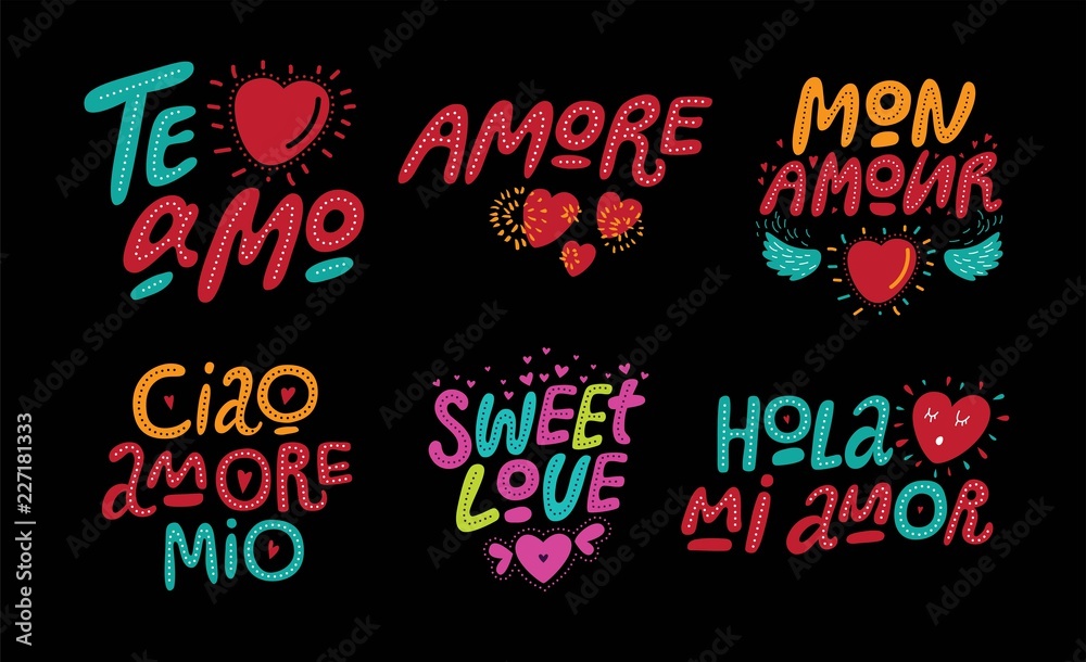 Hand-drawn lettering set with love motivation quotes. For card, social media banner, wedding invitation. Valentine Day design