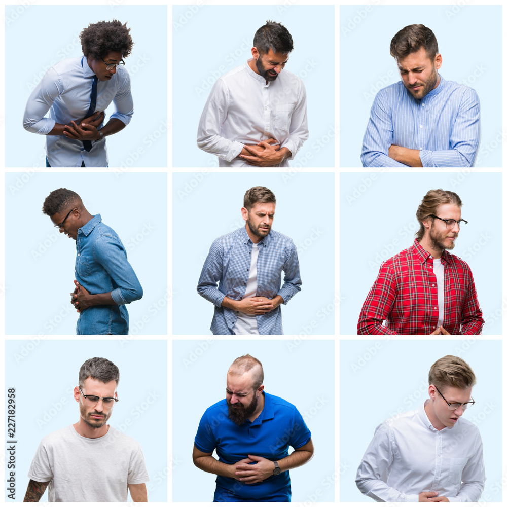 Fototapeta premium Collage of group of business and casual men over isolated background with hand on stomach because nausea, painful disease feeling unwell. Ache concept.
