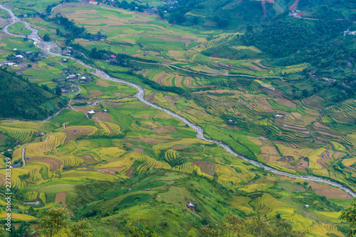 Mu Cang Chai terraces rice fields in harvest season