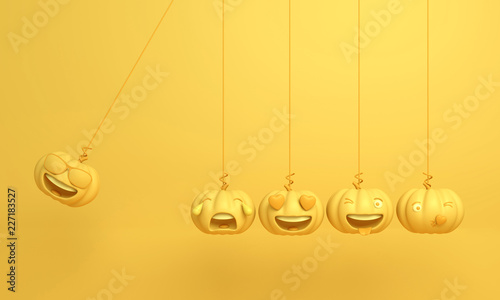 Cute smiling cartoon of yellow pastel pumpkin head jack emoji newton cradle physic, Design creative concept for happy Halloween day festival, 3D rendering.