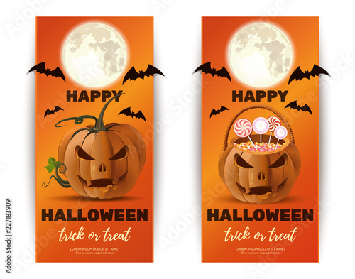 Halloween banner design collection with jack-o-lantern and basket for sweets. Happy Halloween. Trick or treat. Vector illustration