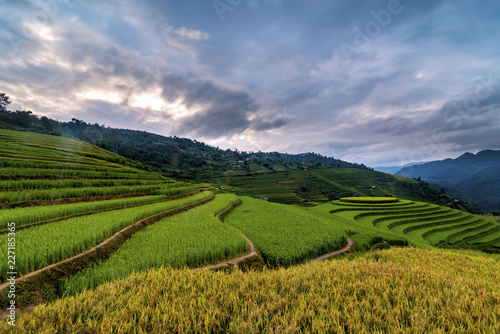 Mu Cang Chai terraces rice fields in harvest season