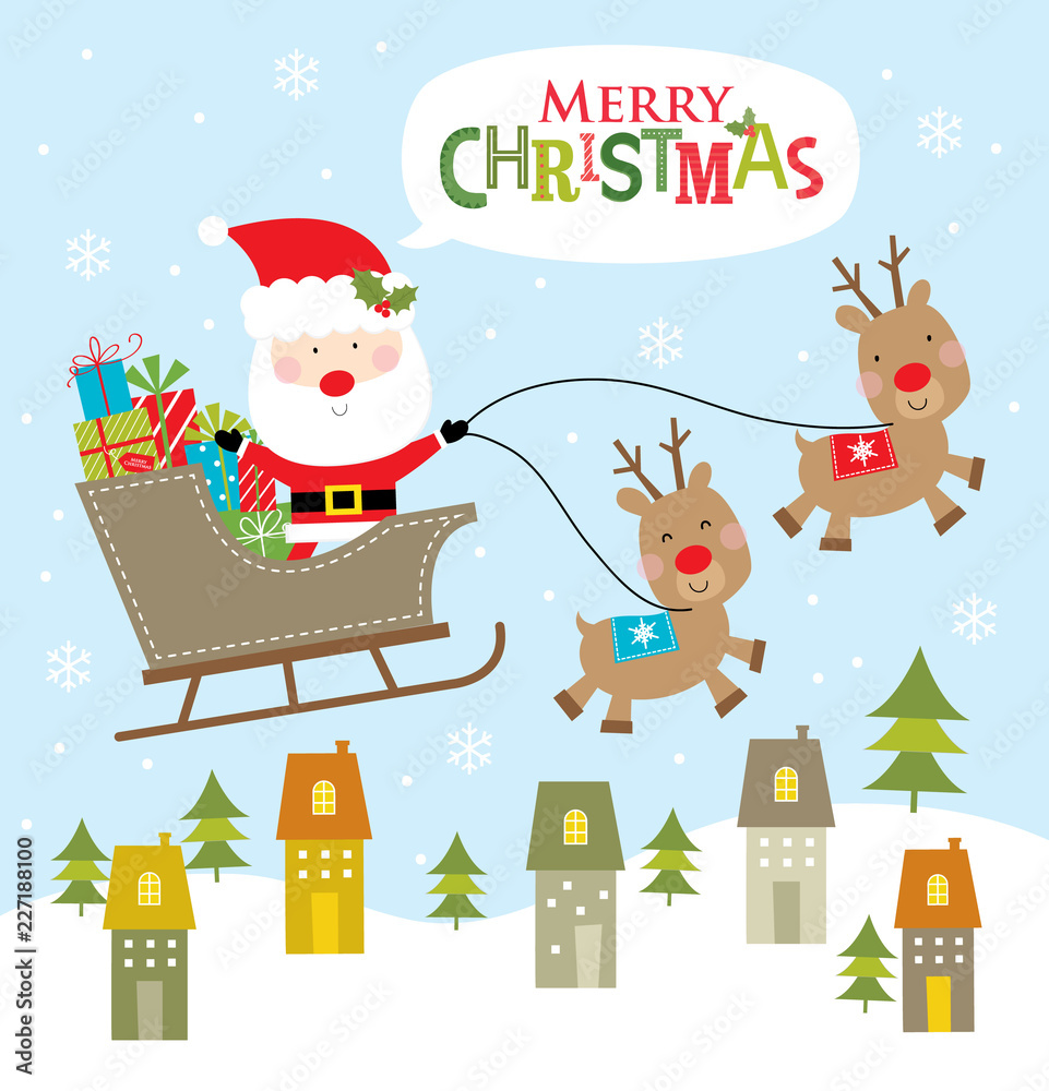 happy santa and reindeer greeting card design
