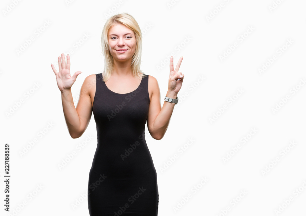 Fototapeta premium Young beautiful blonde attractive woman wearing elegant dress over isolated background showing and pointing up with fingers number seven while smiling confident and happy.