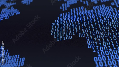 Binary World Map Loop. Moving map of randomized binary 1s and 0s flickering on and off via a blue pixelated LCD screen. Macro, 60fps.