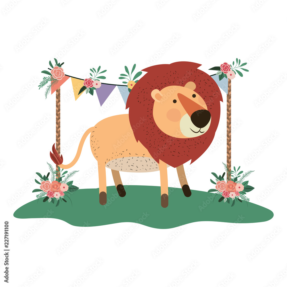 Naklejka premium cute and adorable lion with floral frame