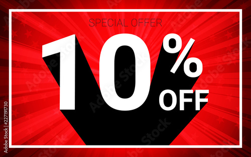 10% OFF Sale. White color 3D text and black shadow on red burst background design. Discount special offer promo advertising concept vector illustration.