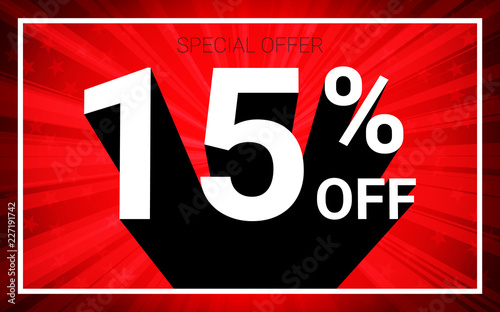 15% OFF Sale. White color 3D text and black shadow on red burst background design. Discount special offer promo advertising concept vector illustration.