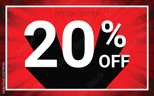 20% OFF Sale. White color 3D text and black shadow on red burst background design. Discount special offer promo advertising concept vector illustration.