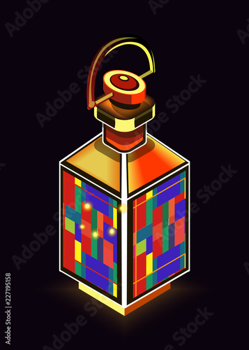 Spooky stained glass fantasy lantern illustration. Isometric coloful icon isolated on black. Rainbow and golden metal lamp. Magic glowing object, art of painted glass squre lampa.