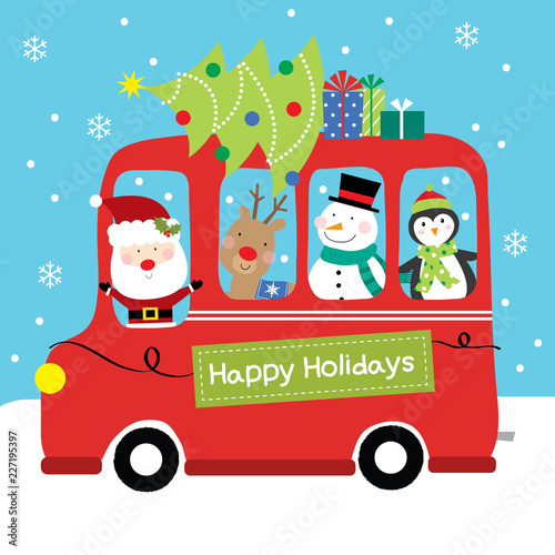 santa and friends christmas trip greeting card design