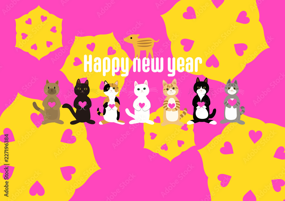 Fototapeta premium 日本古来のハート型猪目を持っている猫の年賀状