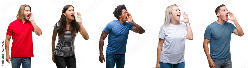 Composition of african american, hispanic and caucasian group of people over isolated white background shouting and screaming loud to side with hand on mouth. Communication concept. Composition of african american, hispanic and caucasian group of people over isolated white background shouting and screaming loud to side with hand on mouth. Communication concept.