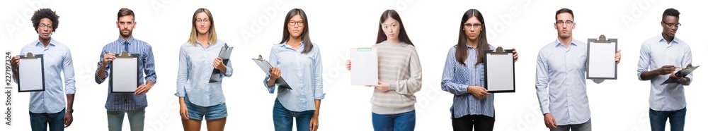 Collage of group of business inspector people showing clipboard over isolated background with a confident expression on smart face thinking serious Collage of group of business inspector people showing clipboard over isolated background with a confident expression on smart face thinking serious