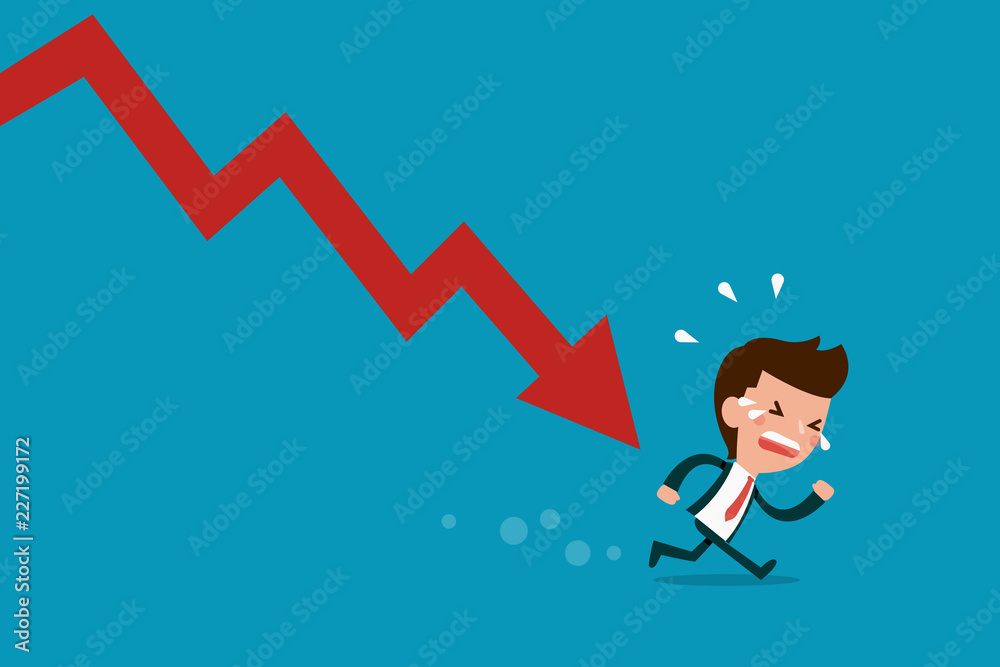Frighten businessman running away failure down arrow. Frighten businessman running away failure down arrow.