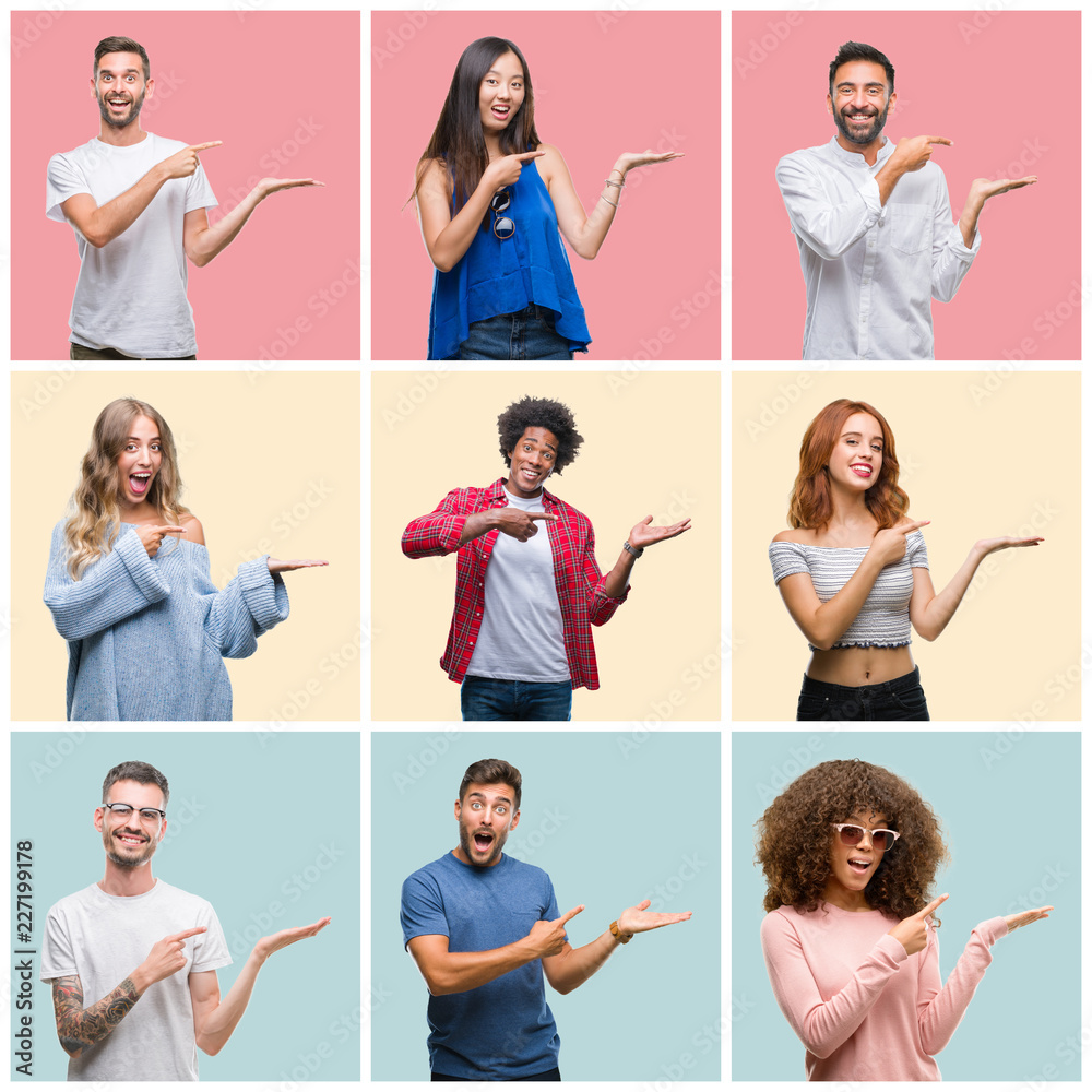 Collage of group of young people woman and men over colorful isolated background amazed and smiling to the camera while presenting with hand and pointing with finger. Collage of group of young people woman and men over colorful isolated background amazed and smiling to the camera while presenting with hand and pointing with finger.