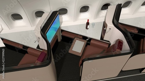 Luxury business class suite interior. Reclining seat transfer into fully flat bed. 3D rendering animation.