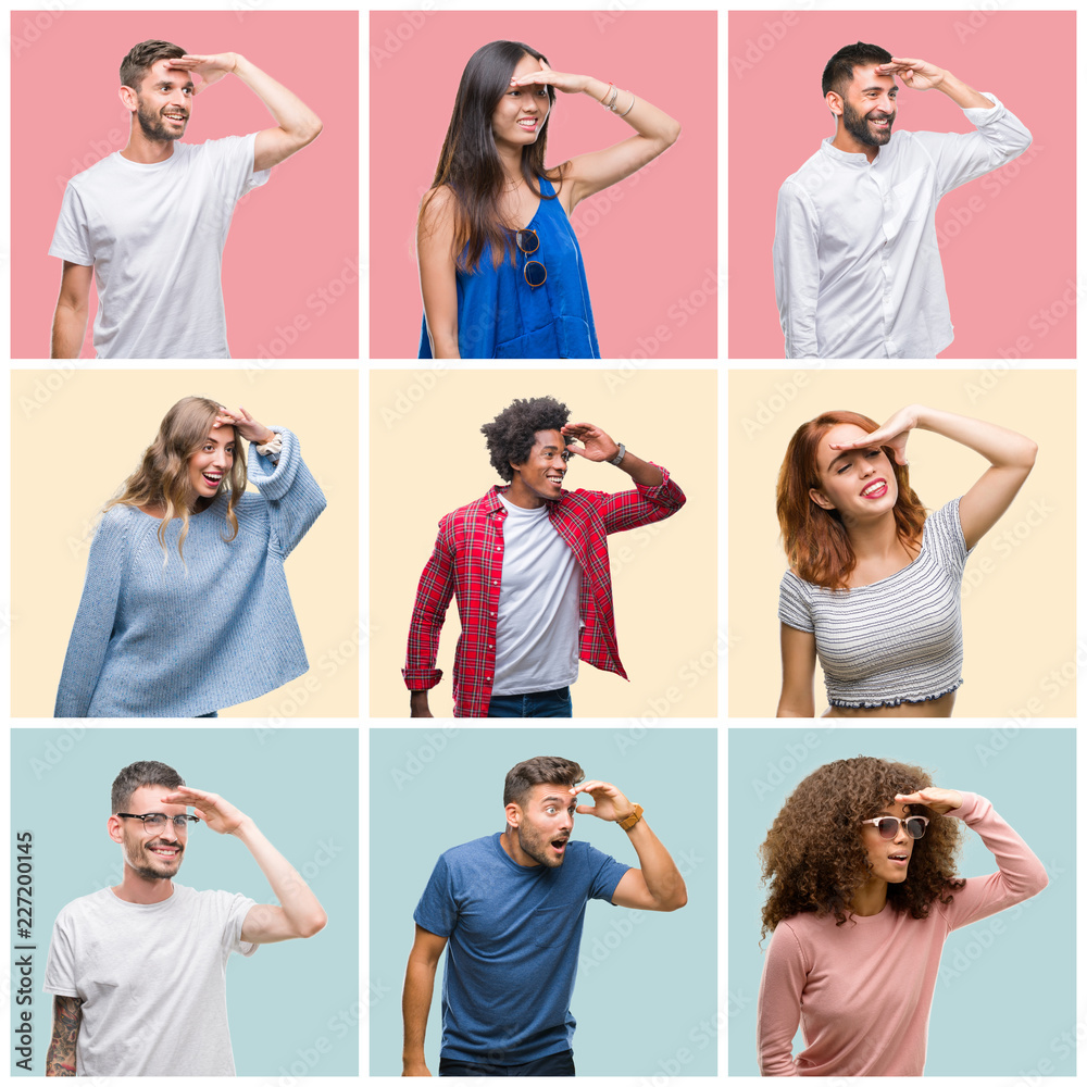 Collage of group of young people woman and men over colorful isolated background very happy and smiling looking far away with hand over head. Searching concept. Collage of group of young people woman and men over colorful isolated background very happy and smiling looking far away with hand over head. Searching concept.