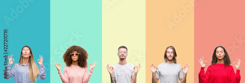 Fotografie, Obraz Collage of group of young people over colorful vintage isolated background relax and smiling with eyes closed doing meditation gesture with fingers