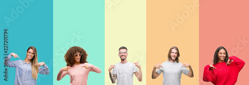 Collage of group of young people over colorful vintage isolated background looking confident with smile on face, pointing oneself with fingers proud and happy.