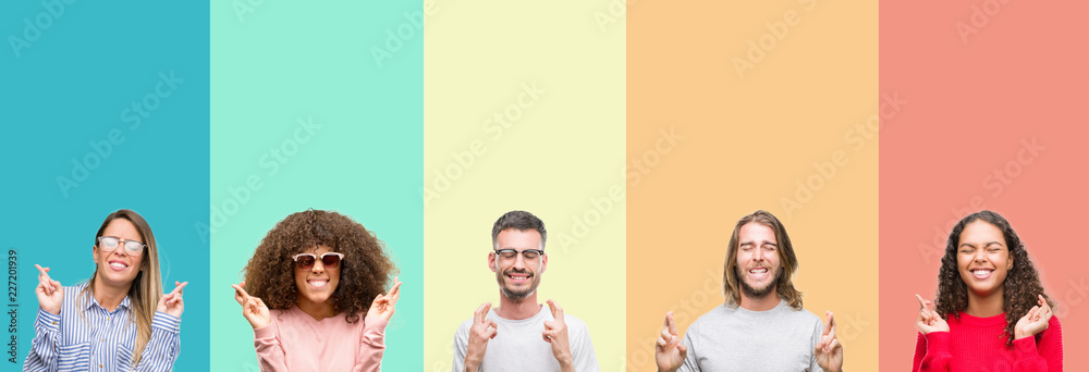 Fototapeta premium Collage of group of young people over colorful vintage isolated background smiling crossing fingers with hope and eyes closed. Luck and superstitious concept.