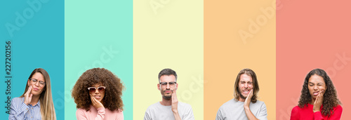 Collage of group of young people over colorful vintage isolated background touching mouth with hand with painful expression because of toothache or dental illness on teeth. Dentist concept. photo