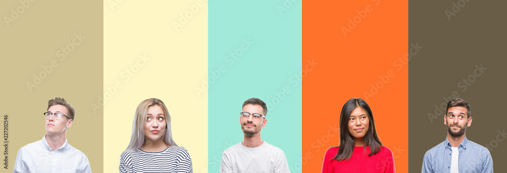 Obraz premium Collage of group of young people over colorful isolated background smiling looking side and staring away thinking.