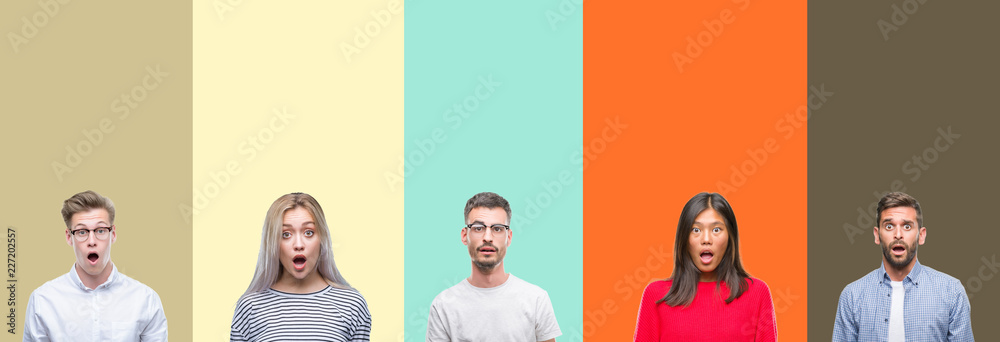 Obraz premium Collage of group of young people over colorful isolated background afraid and shocked with surprise expression, fear and excited face.