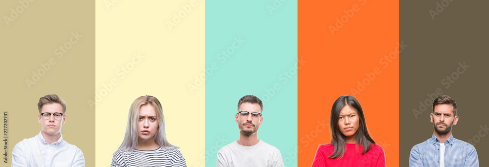 Obraz premium Collage of group of young people over colorful isolated background skeptic and nervous, disapproving expression on face with crossed arms. Negative person.
