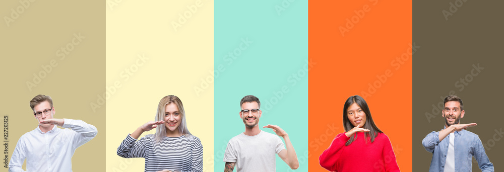 Fototapeta premium Collage of group of young people over colorful isolated background gesturing with hands showing big and large size sign, measure symbol. Smiling looking at the camera. Measuring concept.