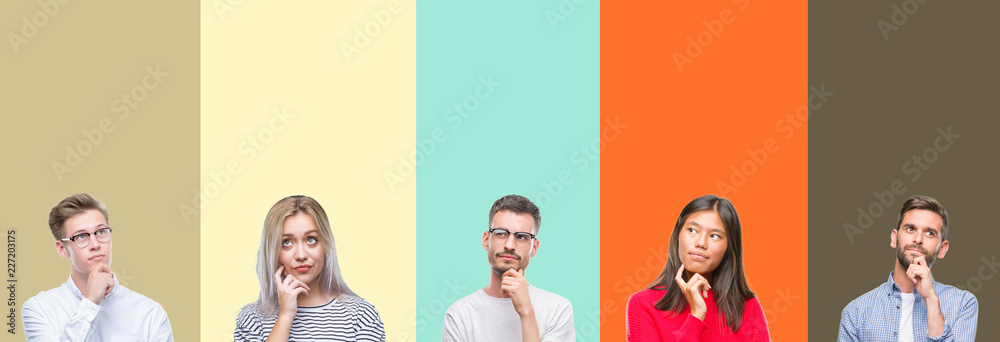 Obraz premium Collage of group of young people over colorful isolated background with hand on chin thinking about question, pensive expression. Smiling with thoughtful face. Doubt concept.