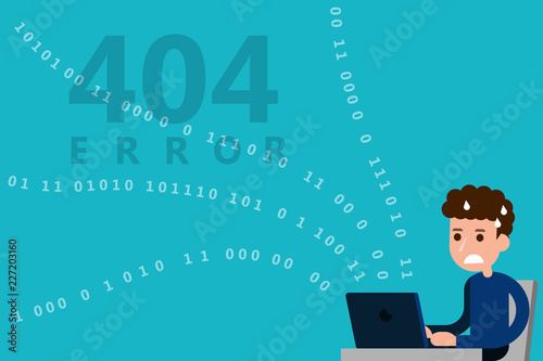 Computer data leaking out, 404 error flat design vector.