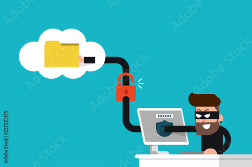 Hacker stolen data folder on cloud flat design vector.