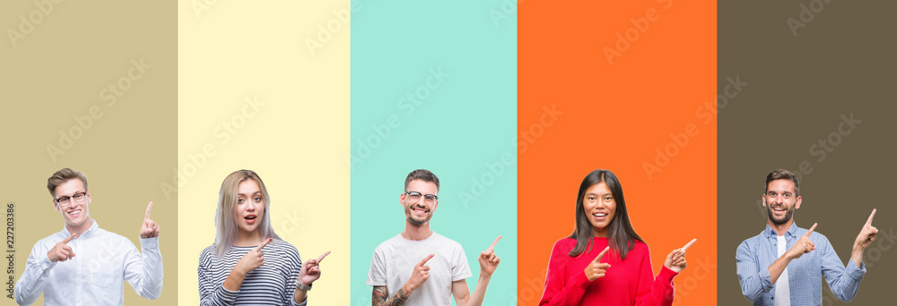 Obraz premium Collage of group of young people over colorful isolated background smiling and looking at the camera pointing with two hands and fingers to the side.