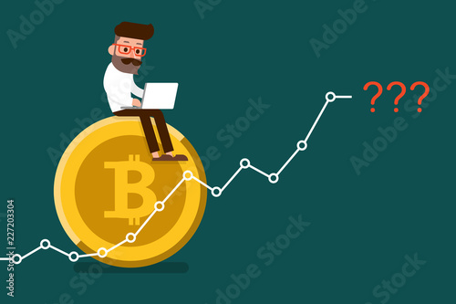 Programmer sitting on Bitcoin and growth chart.
