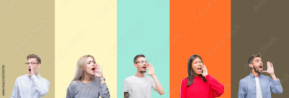 Collage of group of young people over colorful isolated background shouting and screaming loud to side with hand on mouth. Communication concept.