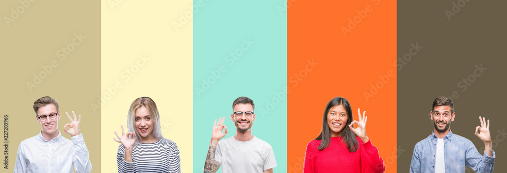 Fototapeta premium Collage of group of young people over colorful isolated background smiling positive doing ok sign with hand and fingers. Successful expression.