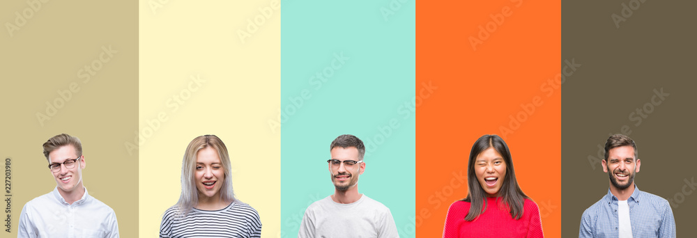 Obraz premium Collage of group of young people over colorful isolated background winking looking at the camera with sexy expression, cheerful and happy face.