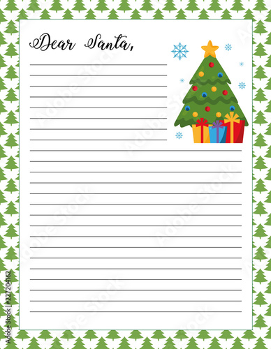 Letter to Santa template, printable page. Christmas tree with gifts on a festive background.