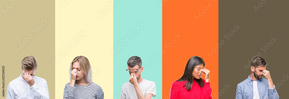 Obraz premium Collage of group of young people over colorful isolated background tired rubbing nose and eyes feeling fatigue and headache. Stress and frustration concept.