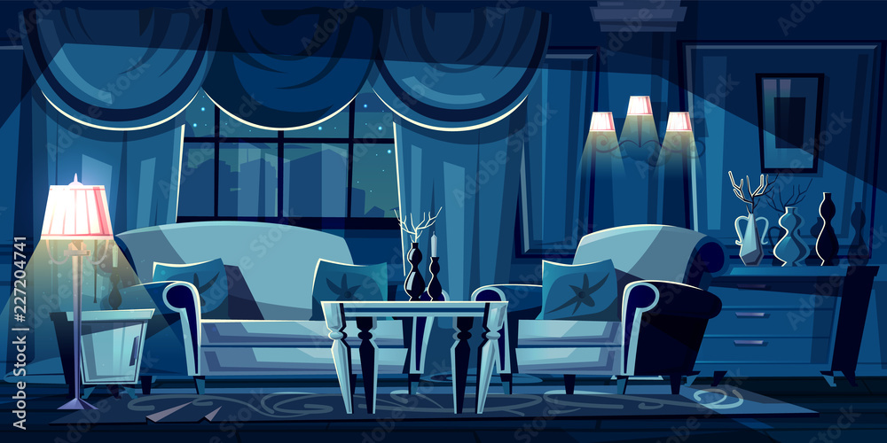 Vector cartoon illustration of dark living room at night. Modern